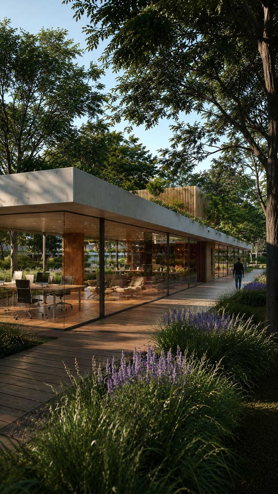 Pabellon de coworking vidriado integrado al bosque nativo con deck de madera