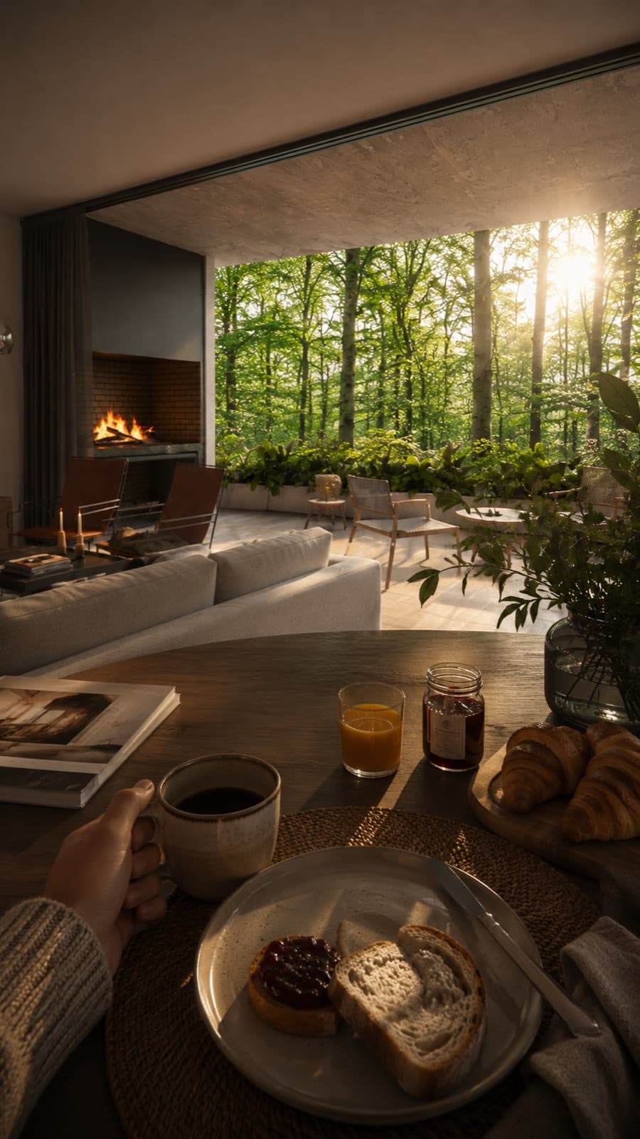 Living comedor con hogar a lena y ventanales al bosque nativo por la mañana