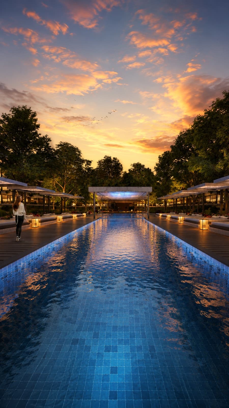 Piscina semiolimpica in-out al atardecer con deck de madera rodeada de bosque nativo