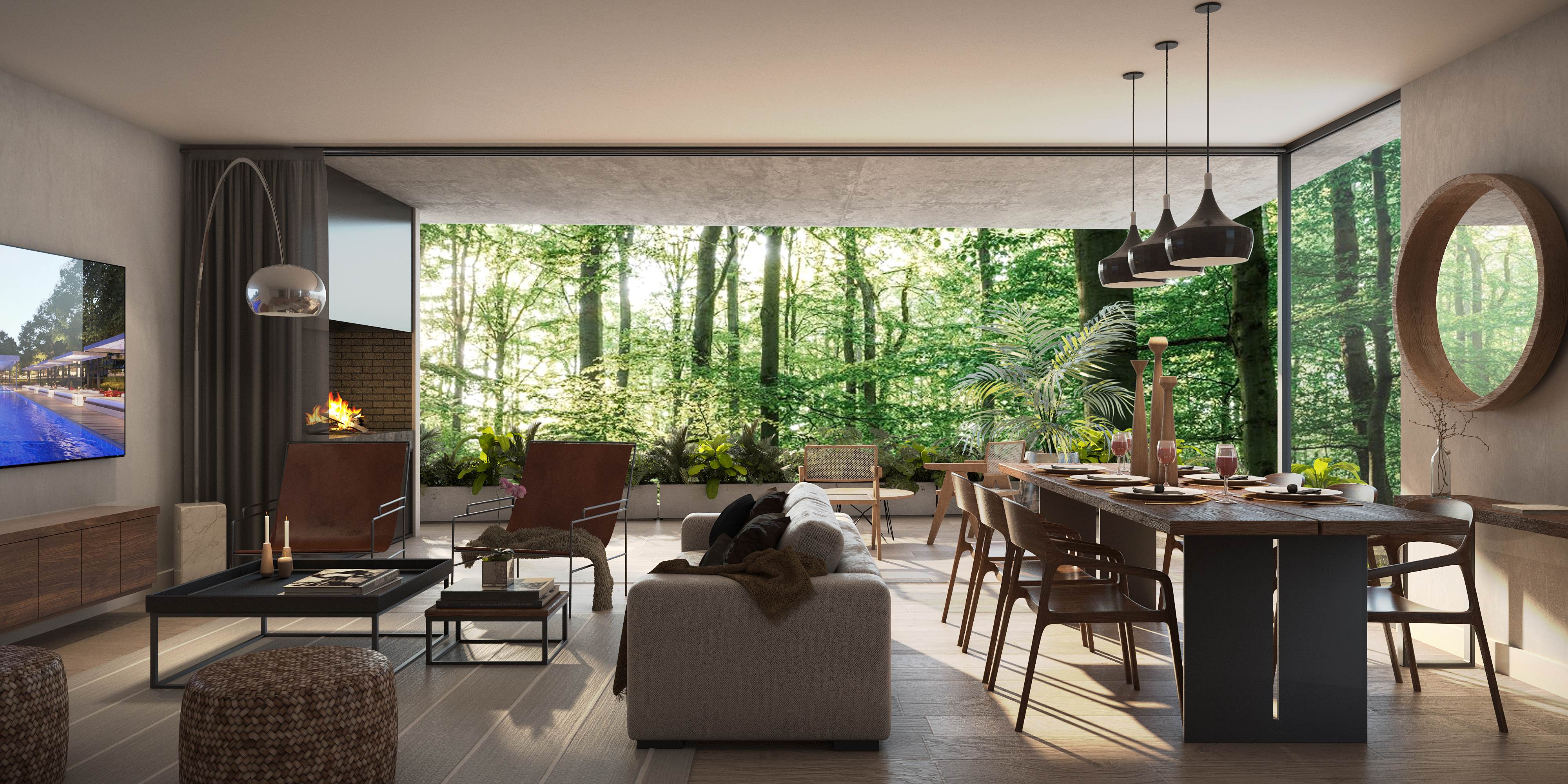 Living comedor con hogar a lena y ventanales panoramicos al bosque nativo