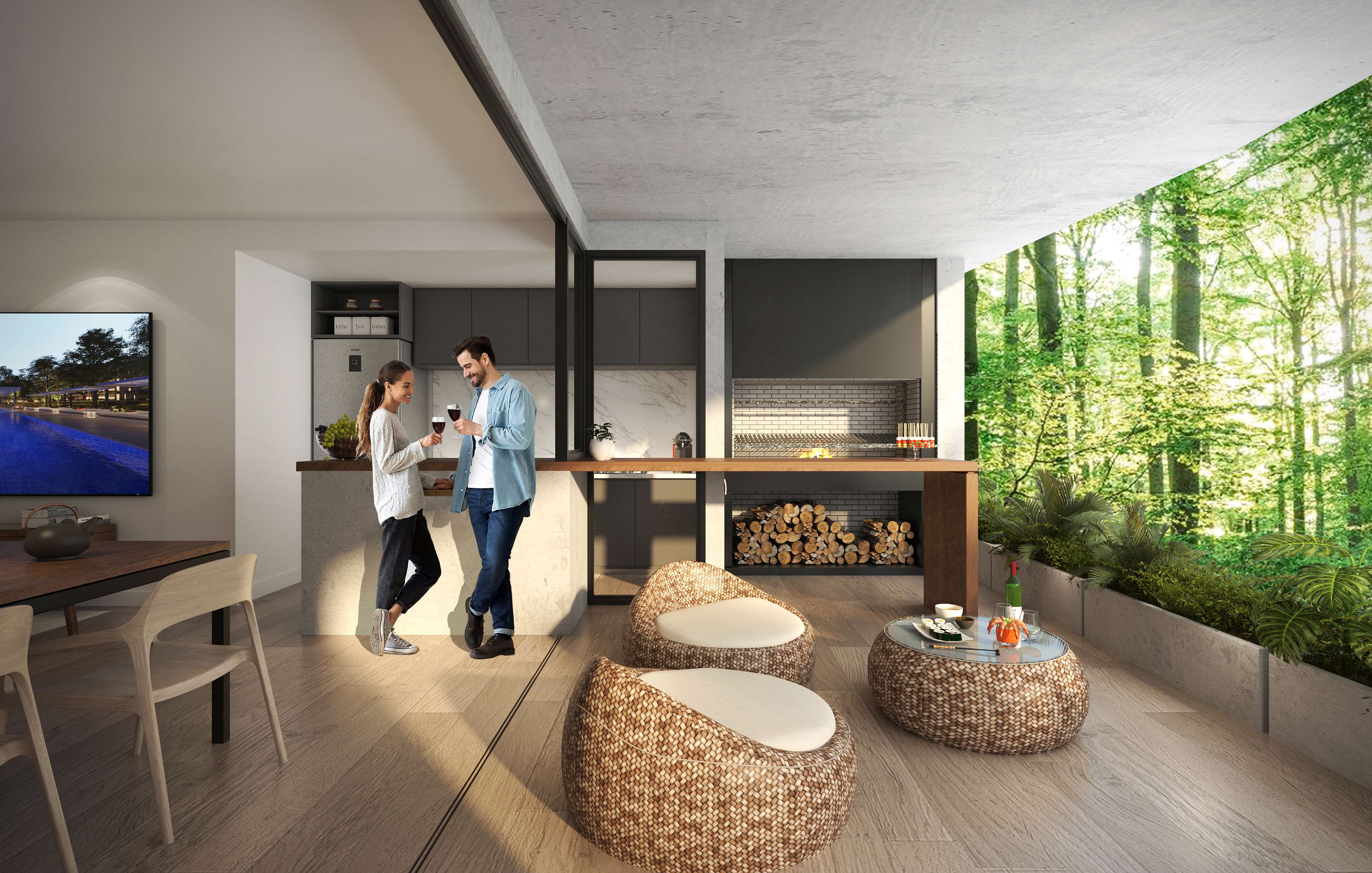 Terraza cubierta con parrilla, barra y sillones con vista al bosque